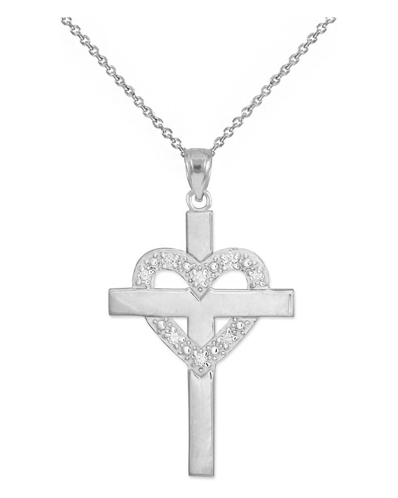 14K White Gold 1/20 Cttw Diamond Studded Heart Cross Pendant Necklace with Rolo Chain (G-H Color, SI1-SI2 Clarity) - Choice o...