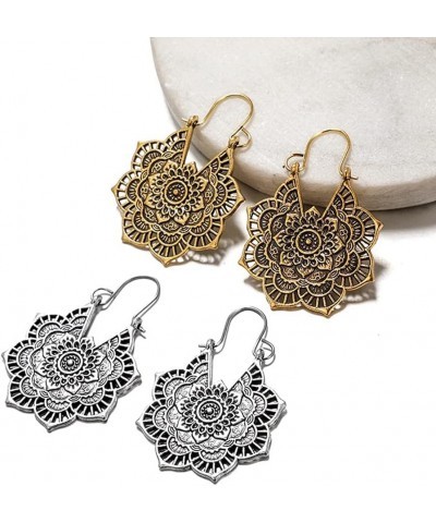 2 Pairs Tribe Flower Drop Earrings for Women Ethnic Style Round Carved Dangle Earrings $5.42 Earrings