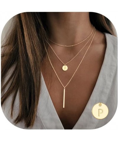 Gold Initial Layered Necklaces for Women, 14K Gold Plated Coin Letter Necklace Skinny Bar Stacking Necklace Coin Necklace Lay...