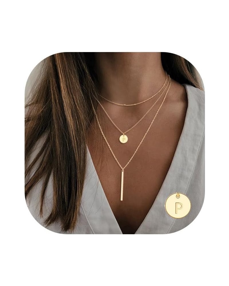 Gold Initial Layered Necklaces for Women, 14K Gold Plated Coin Letter Necklace Skinny Bar Stacking Necklace Coin Necklace Lay...