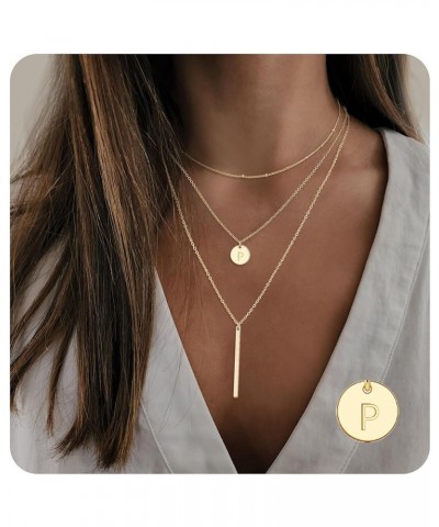 Gold Initial Layered Necklaces for Women, 14K Gold Plated Coin Letter Necklace Skinny Bar Stacking Necklace Coin Necklace Lay...