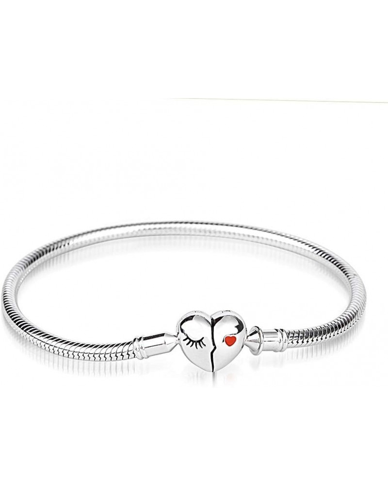 Charm Bracelet Sterling Silver Snake Chain Love Your Smile Basic Charm Bracelet DIY Bangle with Heart shaped Clasp 17.0 Centi...