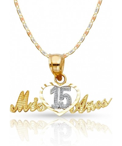 14K Two Tone Gold Sweet 15 Years Quinceanera Heart Mis 15 Anos Charm Pendant with 1.5mm Valentino Chain Necklace 22.0 Inches ...