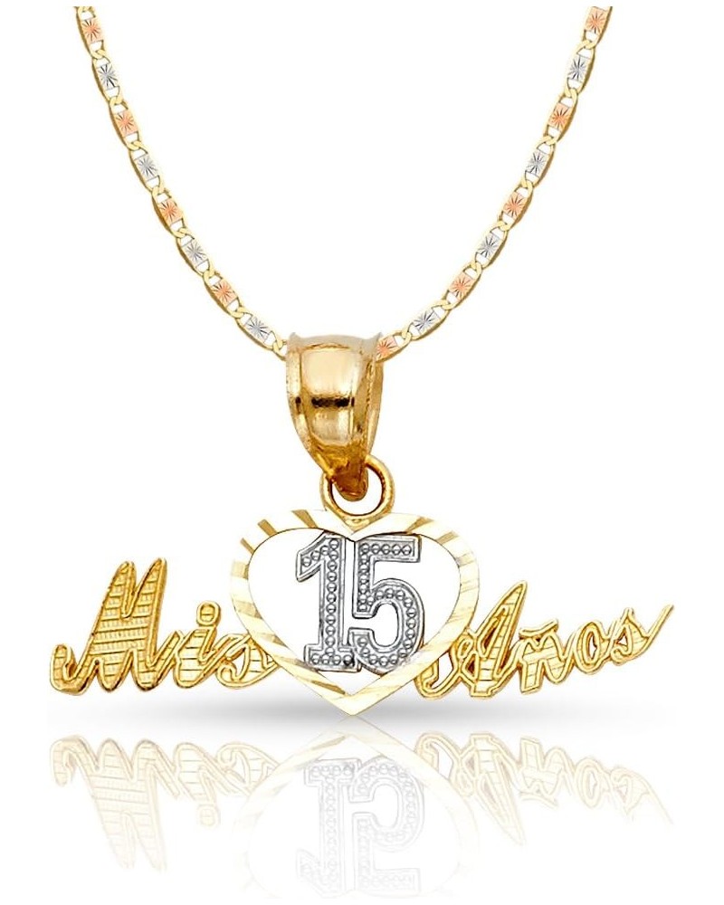 14K Two Tone Gold Sweet 15 Years Quinceanera Heart Mis 15 Anos Charm Pendant with 1.5mm Valentino Chain Necklace 22.0 Inches ...