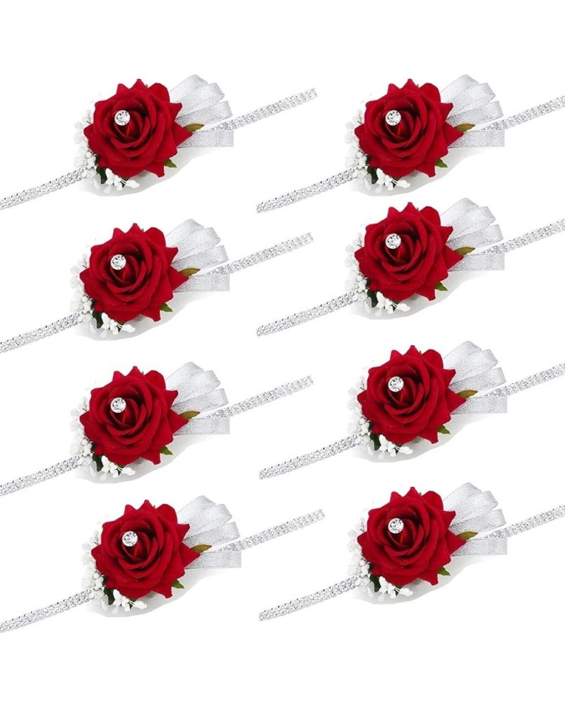 Velvet Open Rose Silvery Bling Ribbon Rhinestone Stretch Bracelet Wedding Prom Wrist Corsage Hand Flower Pack of 4 Red Wine R...