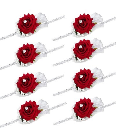 Velvet Open Rose Silvery Bling Ribbon Rhinestone Stretch Bracelet Wedding Prom Wrist Corsage Hand Flower Pack of 4 Red Wine R...