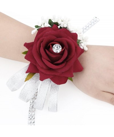 Velvet Open Rose Silvery Bling Ribbon Rhinestone Stretch Bracelet Wedding Prom Wrist Corsage Hand Flower Pack of 4 Red Wine R...