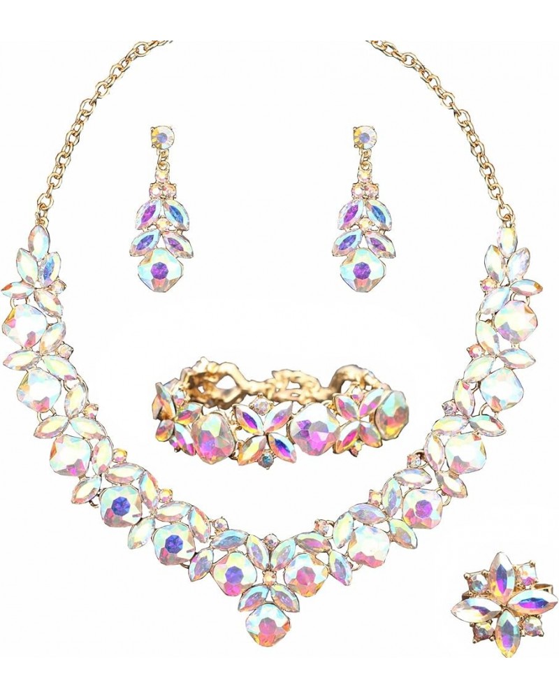 Crystal Bridesmaid Jewelry Sets for Women Statement Necklace and Dangle Earrings Rings Set Crystal Bracelet for Women and Wed...