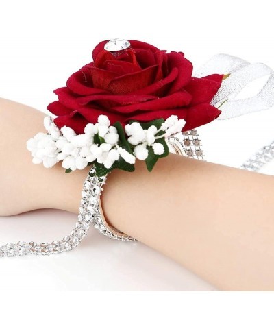 Velvet Open Rose Silvery Bling Ribbon Rhinestone Stretch Bracelet Wedding Prom Wrist Corsage Hand Flower Pack of 4 Red Wine R...