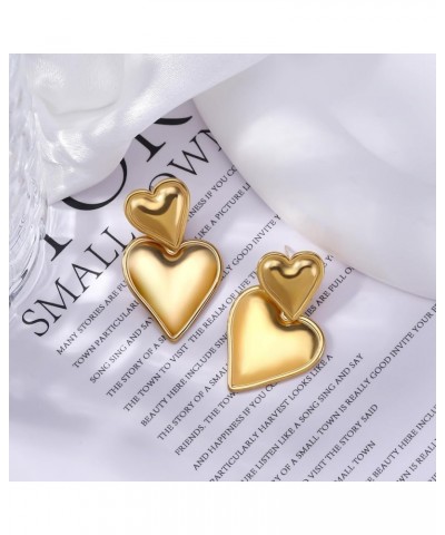 Gold Heart Earrings Dangle Heart Drop Earrings 18K Gold Statement Heart Earrings for Women Chunky Heart Shaped Earrings B:Gol...