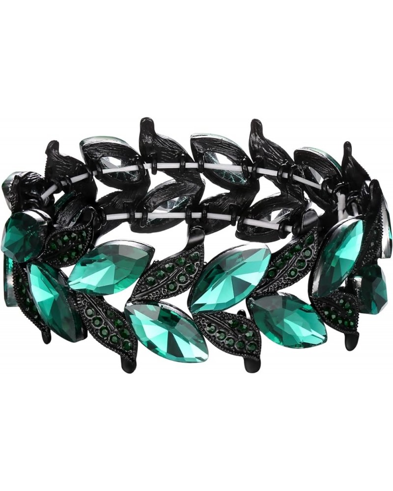 Women's Wedding Bridal Crystal Marquise-Shape Leaf Stretch Bangle Bracelet Emerald Color Black-Tone $11.75 Bracelets