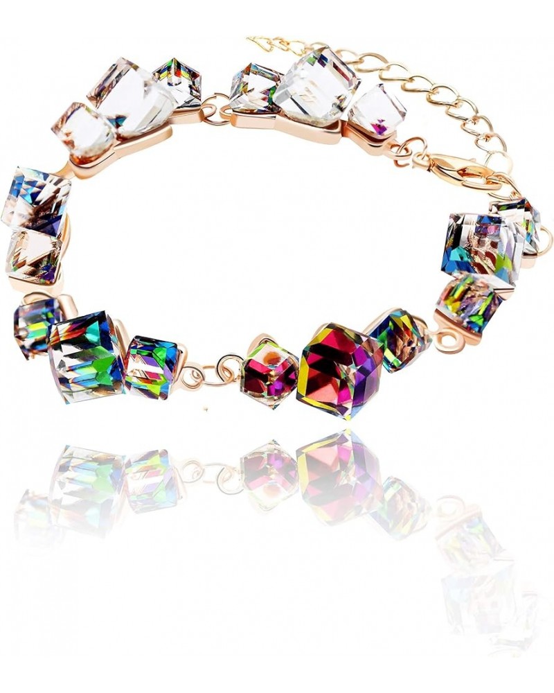 Women Cube Square Blue Glass Crystal Bracelet Rose Gold Plated for Girl Extended Chain GR126 Multicolor $9.40 Bracelets