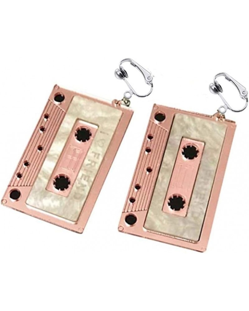 Womens Cassette 80s Retro Novelty Jewelry Creative Unique Statement Funny Drop Dangle Earrings Clip Ons Light Pink $7.69 Earr...