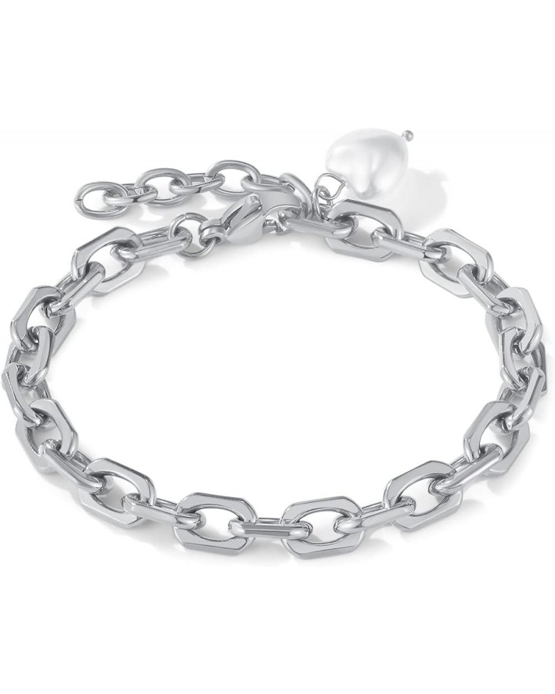 Chain Bracelet for Women Simple Stainless Steel Link Bracelet for Girls Gift silver heart pearl $5.00 Bracelets