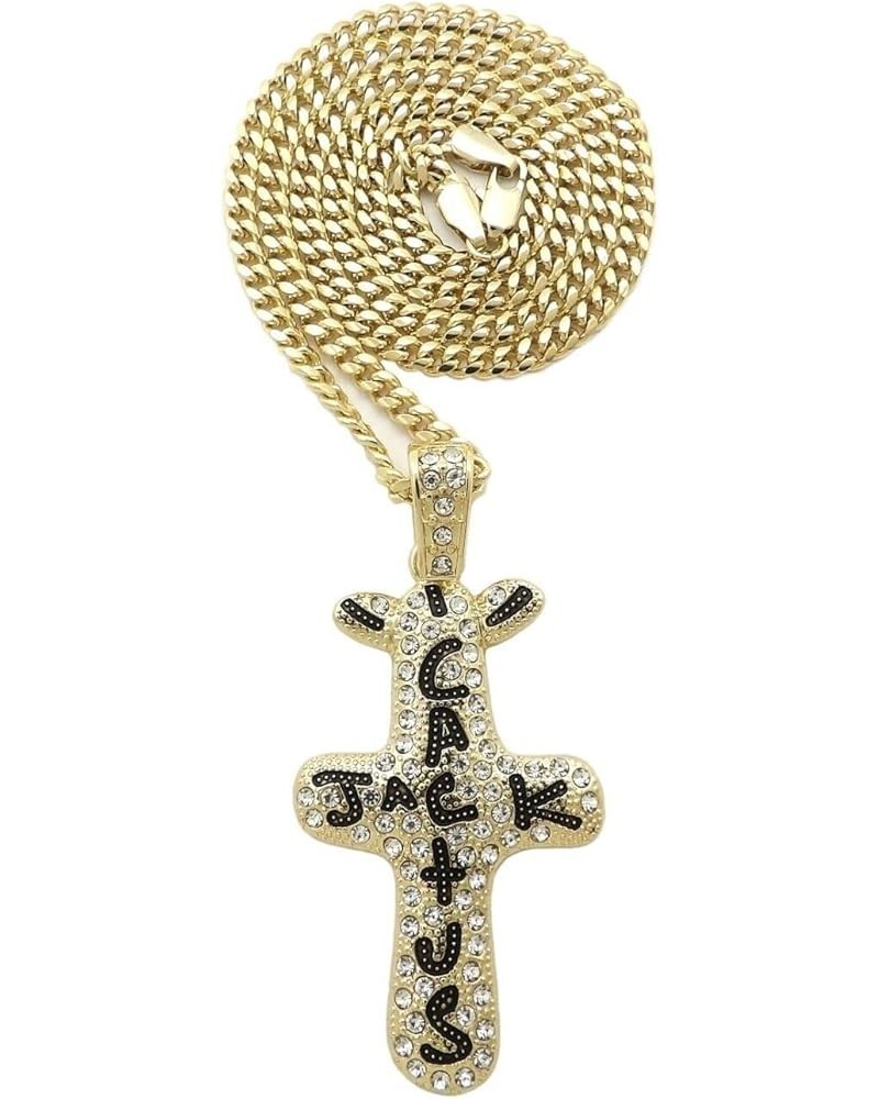 Gold Plated Iced Cactus Jack Cross Charm Pendant & 18" ~ 24" Cuban/Rope/Box Chain Hip Hop Rapper Style Jewelry Necklace Acces...