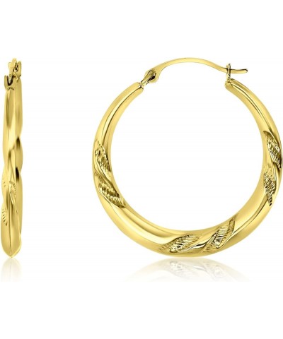 14K Yellow Gold 2x26mm Round Diamond Cut Textured Designed Lightweight Hoop Earrings Leaf Textured Design $41.25 Earrings