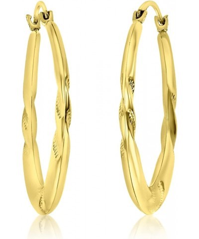 14K Yellow Gold 2x26mm Round Diamond Cut Textured Designed Lightweight Hoop Earrings Leaf Textured Design $41.25 Earrings