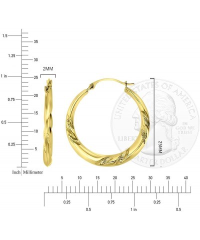 14K Yellow Gold 2x26mm Round Diamond Cut Textured Designed Lightweight Hoop Earrings Leaf Textured Design $41.25 Earrings