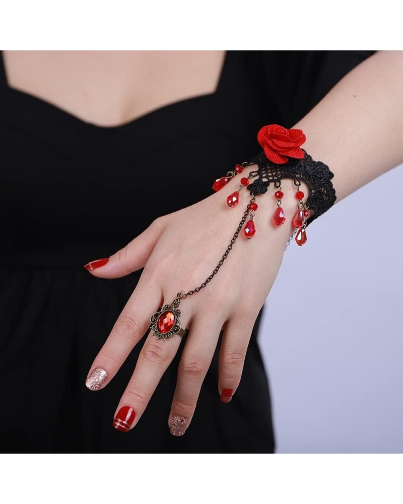 Red Rose Flower Finger Ring Bracelets Vintage Hand Chains Black Boho Victorian Costume Ribbon Bracelets Crystal Beads Tassel ...