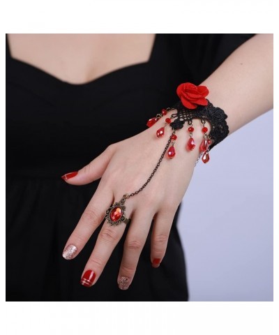 Red Rose Flower Finger Ring Bracelets Vintage Hand Chains Black Boho Victorian Costume Ribbon Bracelets Crystal Beads Tassel ...