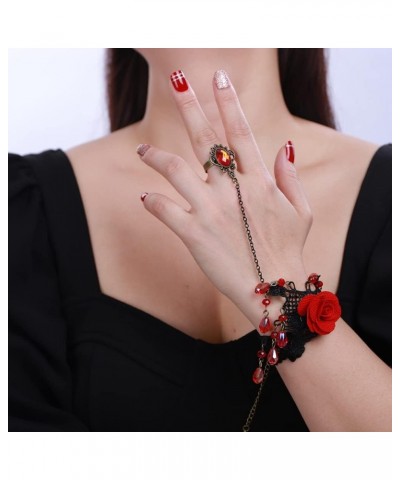 Red Rose Flower Finger Ring Bracelets Vintage Hand Chains Black Boho Victorian Costume Ribbon Bracelets Crystal Beads Tassel ...