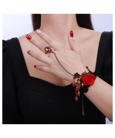 Red Rose Flower Finger Ring Bracelets Vintage Hand Chains Black Boho Victorian Costume Ribbon Bracelets Crystal Beads Tassel ...