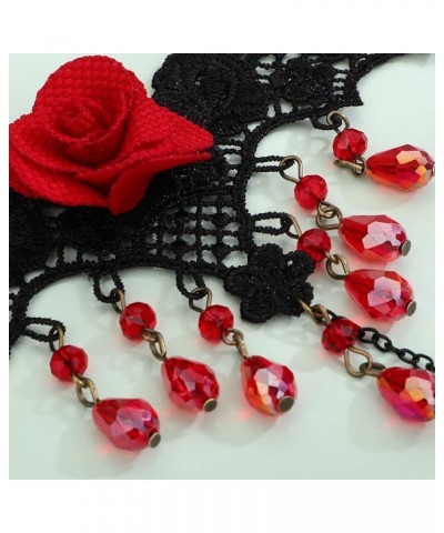 Red Rose Flower Finger Ring Bracelets Vintage Hand Chains Black Boho Victorian Costume Ribbon Bracelets Crystal Beads Tassel ...