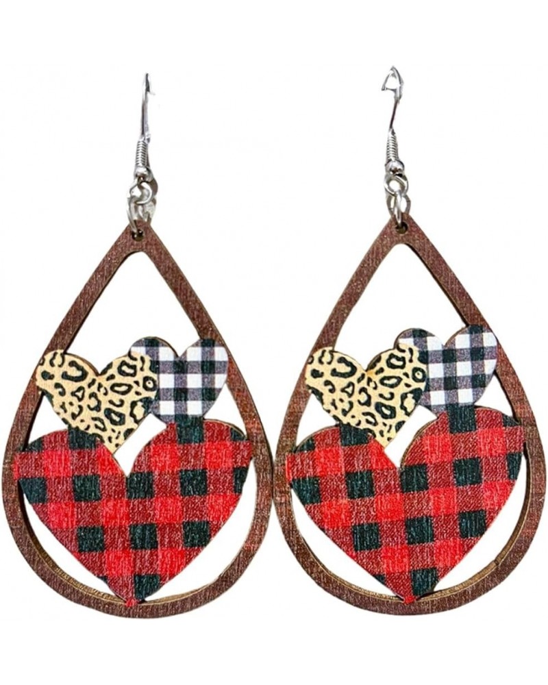 Valentines Day Love Heart Wooden Earrings Red Black Striped Plaid Lip Dangle Earrings Lightweight Cute Buffalo Leopard Printe...