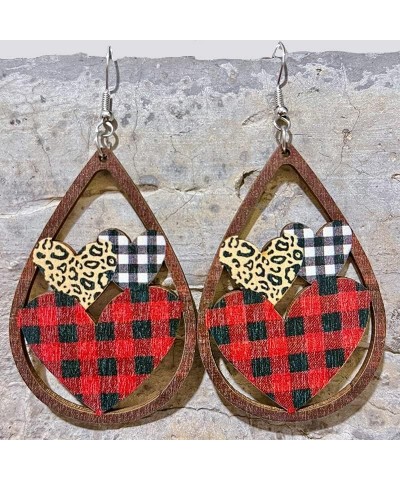 Valentines Day Love Heart Wooden Earrings Red Black Striped Plaid Lip Dangle Earrings Lightweight Cute Buffalo Leopard Printe...