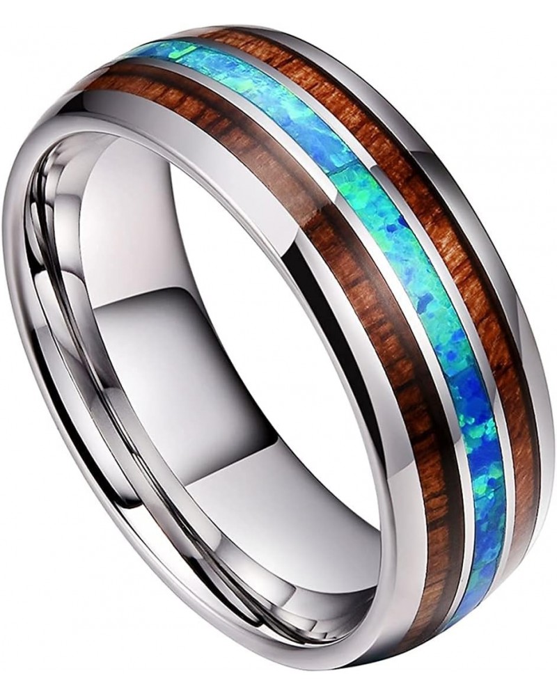 Hawaiian Blue Fire Opal & Koa Wood Ring Silver Tungsten 8mm Band Men and Women Size 6-14 $23.99 Rings