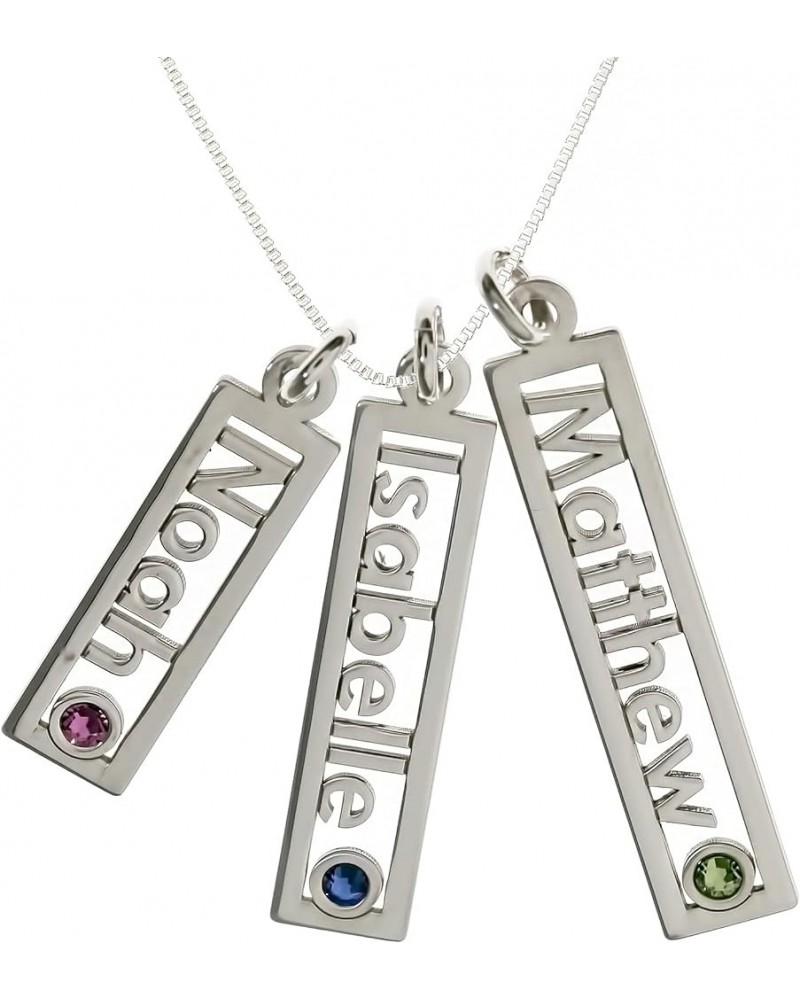 Personalized Rectangle Triple Open Name Sterling Silver Necklace With Birthstone Setting. Customize a Name Charm. Sterling Si...