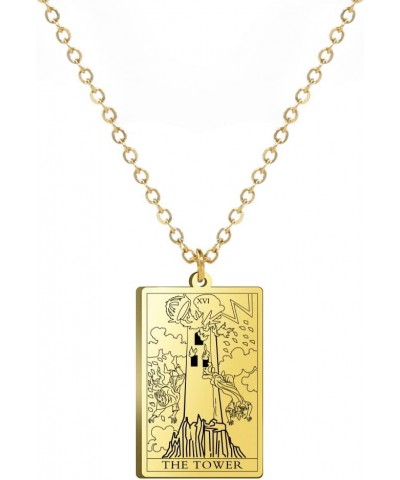 Stainless Steel Tarot Cards Necklace Vintage Tarot Jewelry Good Luck Amulet Pendants for Women Gold-THE TOWER $8.66 Necklaces