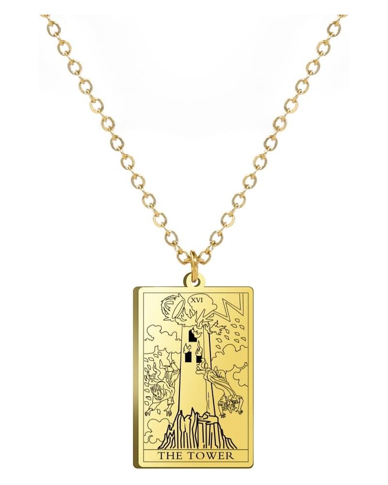 Stainless Steel Tarot Cards Necklace Vintage Tarot Jewelry Good Luck Amulet Pendants for Women Gold-THE TOWER $8.66 Necklaces