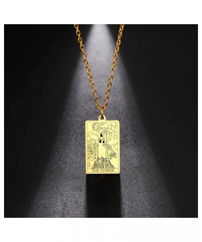 Stainless Steel Tarot Cards Necklace Vintage Tarot Jewelry Good Luck Amulet Pendants for Women Gold-THE TOWER $8.66 Necklaces