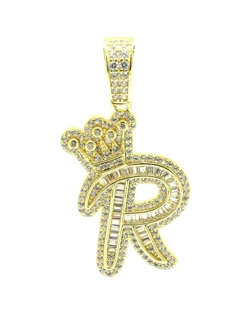 Unisex Real Solid 14K Gold Plated 925 Sterling Silver Baguette Cubic Zirconia Crown Initial Letter Alphabet A-Z Cursive Scrip...