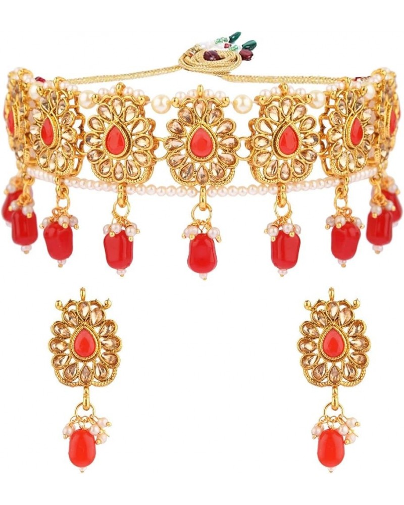 Indian Jewelry Choker Kundan Crystal Necklace Earrings Maang Tikka Head Chain Bollywood Wedding Bridal Set One Size Red $16.3...