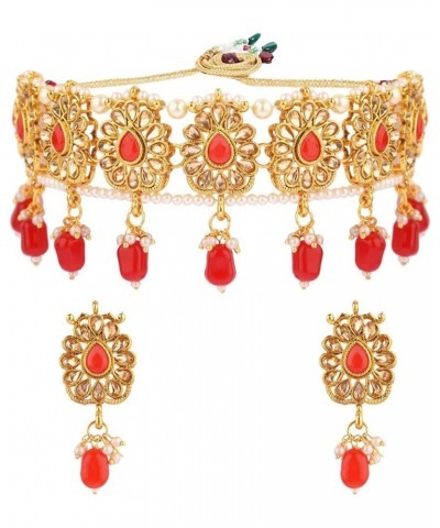 Indian Jewelry Choker Kundan Crystal Necklace Earrings Maang Tikka Head Chain Bollywood Wedding Bridal Set One Size Red $16.3...