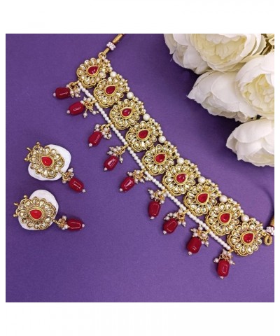 Indian Jewelry Choker Kundan Crystal Necklace Earrings Maang Tikka Head Chain Bollywood Wedding Bridal Set One Size Red $16.3...