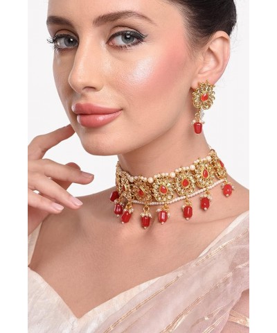 Indian Jewelry Choker Kundan Crystal Necklace Earrings Maang Tikka Head Chain Bollywood Wedding Bridal Set One Size Red $16.3...