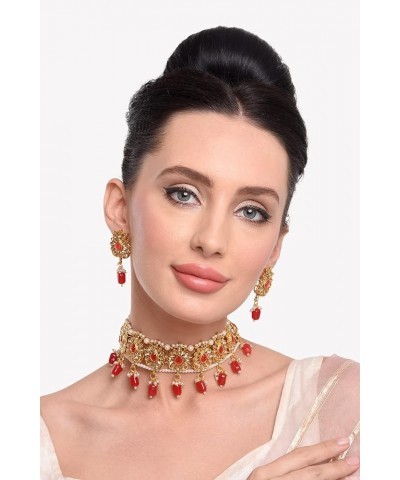 Indian Jewelry Choker Kundan Crystal Necklace Earrings Maang Tikka Head Chain Bollywood Wedding Bridal Set One Size Red $16.3...