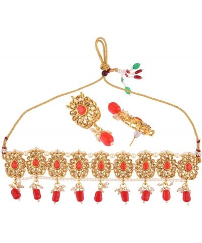 Indian Jewelry Choker Kundan Crystal Necklace Earrings Maang Tikka Head Chain Bollywood Wedding Bridal Set One Size Red $16.3...