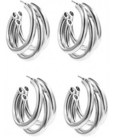 2 Pairs Chunky Triple Open Hoop Earrings Lightweight Split Multi Tube Stud Earrings for Women Silver $6.11 Earrings