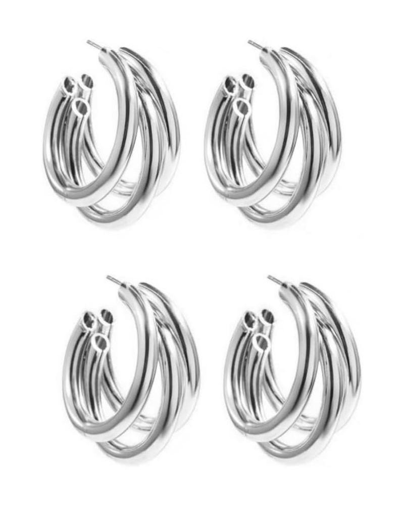 2 Pairs Chunky Triple Open Hoop Earrings Lightweight Split Multi Tube Stud Earrings for Women Silver $6.11 Earrings