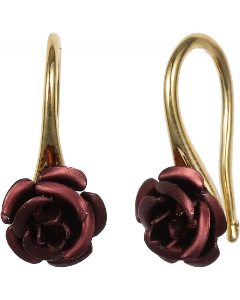 18K Gold Plated Realistic Blooming Rose Dangle Earrings for Women Multiple Colors,10mm Dark Red-Gold $9.00 Earrings