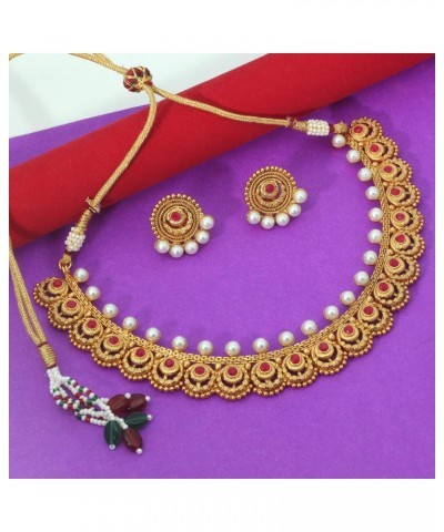 SANARA® Indian Jewelry Set Pearl Ruby Choker Necklace Earrings Set Bollywood Jewelry Set for Women $18.14 Jewelry Sets