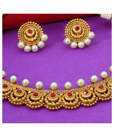 SANARA® Indian Jewelry Set Pearl Ruby Choker Necklace Earrings Set Bollywood Jewelry Set for Women $18.14 Jewelry Sets