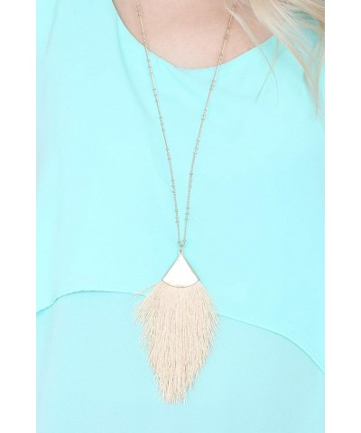 Antique Bohemian Silky Thread Fan Tassel Statement Necklace - Vintage Gold Feather Shape Strand Fringe Lightweight Long Chain...