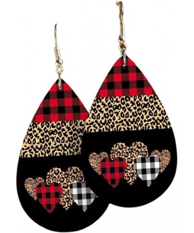 Valentine's Day Love Heart Leather Earrings Red Black Striped Buffalo Plaid Check Dangle Earrings Buffalo Leopard Printed Dro...