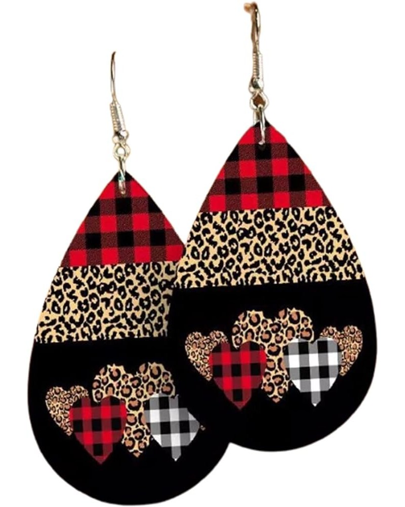 Valentine's Day Love Heart Leather Earrings Red Black Striped Buffalo Plaid Check Dangle Earrings Buffalo Leopard Printed Dro...