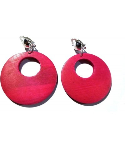 Clip-on Earrings Bohemian Wood Assorted Colors 2.5 inch Hoop Circle Hoop Silver Clip Pink $7.83 Earrings